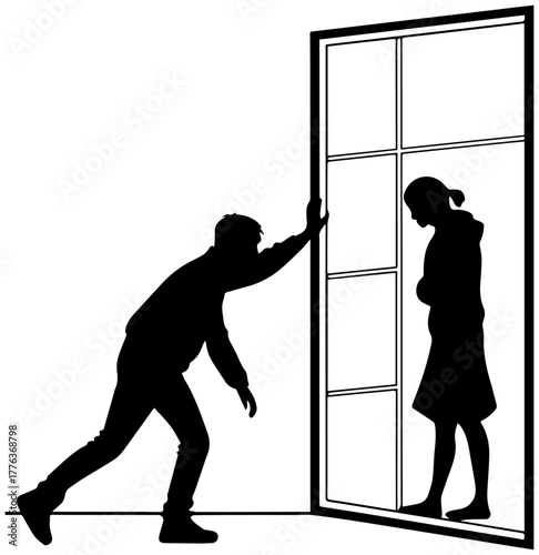 Silhouette of Person Pushing Door – Urgency and Confrontation Vector