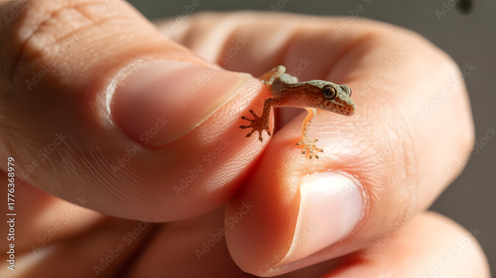 Obraz premium Tiny Gecko Clinging to Human Thumb