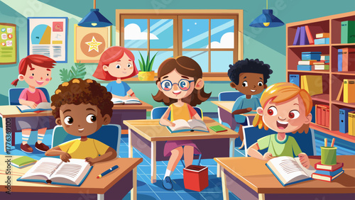 Very beautiful close-up portrait view of children studying in an elementary school classroom, sitting at desks and reading books attentively, capturing focus, curiosity, and a lively learning environm