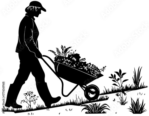 Gardening Silhouette – Wheelbarrow with Plants Vector