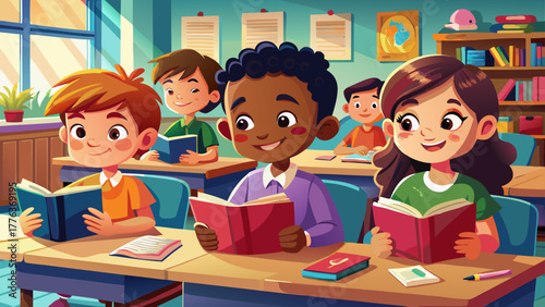 Very beautiful close-up portrait view of children studying in an elementary school classroom, sitting at desks and reading books attentively, capturing focus, curiosity, and a lively learning environm