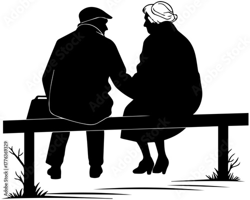 Elderly Couple Silhouette – Sitting on Bench Vector