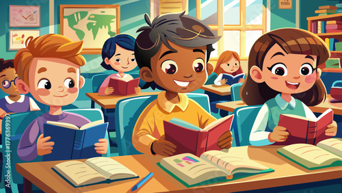 Very beautiful close-up portrait view of children studying in an elementary school classroom, sitting at desks and reading books attentively, capturing focus, curiosity, and a lively learning environm