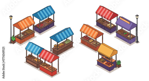 Isometric market stalls with colorful awnings and diverse food displays