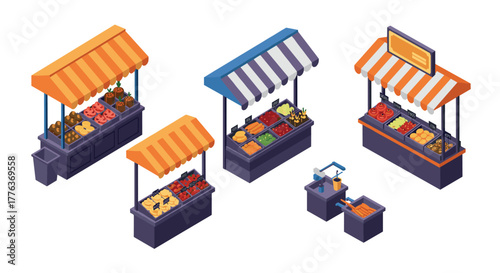 Isometric market stalls with fresh produce and colorful awnings