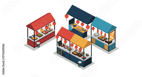 Colorful isometric street food stalls with lanterns