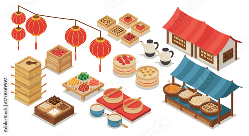 Traditional asian market elements in isometric style featuring dumplings and lanterns