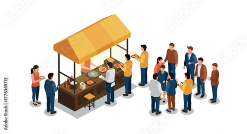 Street food market isometric scene with diverse crowd enjoying outdoor cuisine