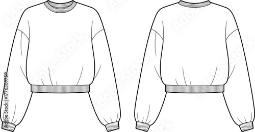 Sweatshirt front and back view, crew neck long sleeve pullover top, casual fashion apparel, ribbed cuffs and hem, cad drawing flat vector illustration