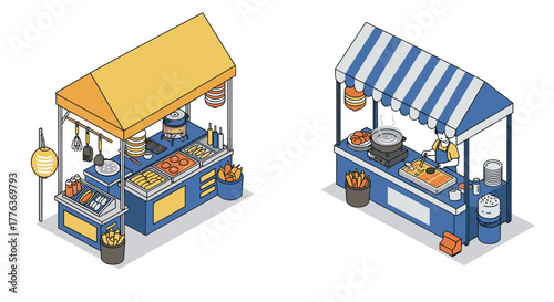 Isometric street food stalls with chefs and asian cuisine elements
