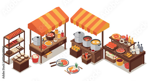Colorful isometric street food market stalls with diverse cuisines and ingredients