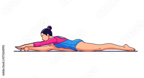 Gymnast performing a front split stretch on a yoga mat, demonstrating flexibility and balance