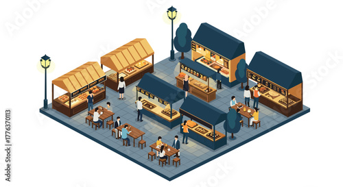 Isometric marketplace scene with food stalls and lively outdoor dining