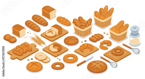 Variety of isometric bread and bakery products on display on white background