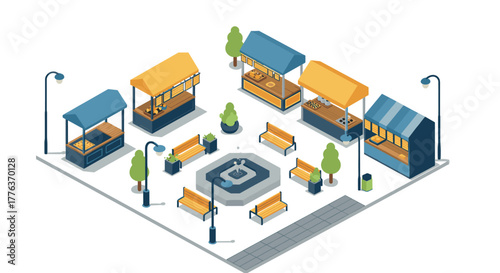 Outdoor marketplace with stalls and benches in isometric design
