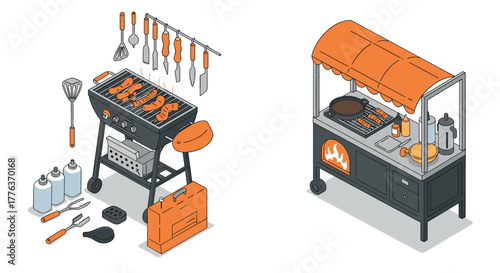 Outdoor grilling equipment and accessories in isometric style