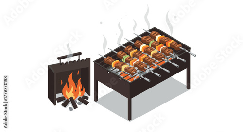 Grilled meat and vegetables on skewers with outdoor barbecue setup