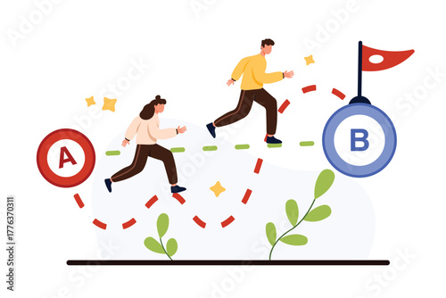 Complex and simple ways to solve hard business problems. Tiny two people running from point A to B, man choosing shortcut in straight line, woman on difficult path cartoon vector illustration