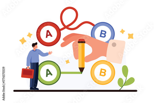 Easy or shortcut way to solve business problem. Giant hand drawing line from point A to B, straight and complicated path of businessmans career, shortest route to goal cartoon vector illustration