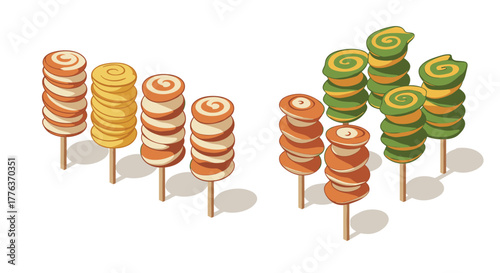 Colorful isometric candy lollipops with spiral designs on sticks