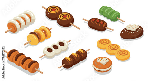 Isometric assorted sweet and savory skewers with pastries on white background