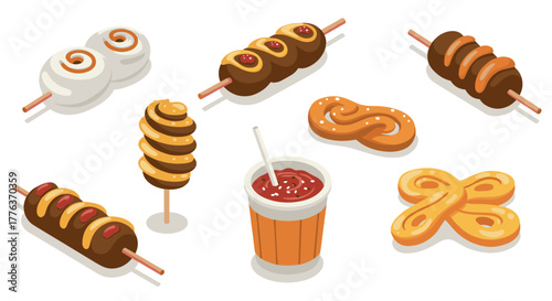 Delicious isometric assorted snacks with sauces and pretzels