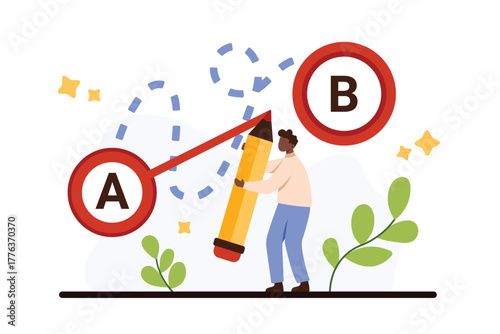 Easy or shortcut way to solve hard work problem, simplify business task. Tiny man with pencil drawing straight line of shortest road from point A to B instead of dots path cartoon vector illustration