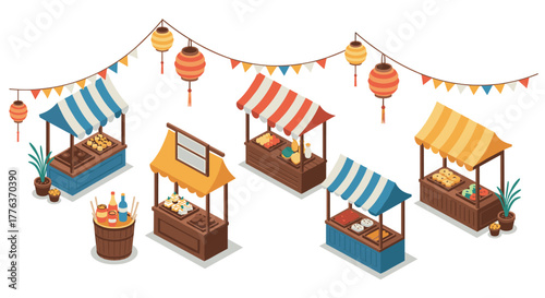 Isometric open air market stalls with colorful awnings and festive lanterns