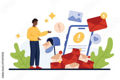 Email spam overload. Tiny man in anxiety and stress from online delivery of many spam letters and documents falling out of full mailbox, warning message on phone screen cartoon vector illustration