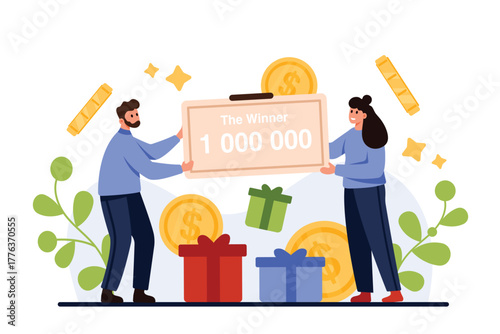 Success in lottery, winning money prize with jackpot. Tiny people millionaires holding check for million dollars payment, lucky happy woman and man win big grant or gifts cartoon vector illustration