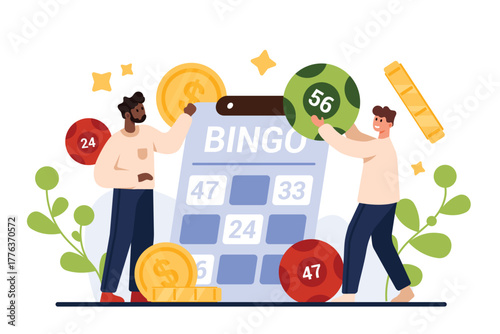 Bingo and lotto game, gambling and leisure casino business. Tiny people play lottery on ticket card for gold coins prize, happy character holding lucky ball with number cartoon vector illustration