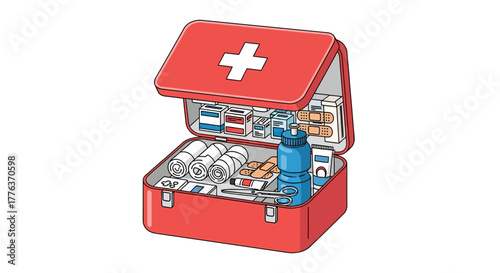 Vibrant illustration of an essential red first aid kit, meticulously packed with crucial medical supplies for general preparedness, urgent situations, and comprehensive health safety on the go