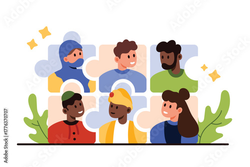 Diversity in recruitment, employment. Multicultural and multinational talent employees inside group of connected puzzles, team building from people of different ethnicity cartoon vector illustration