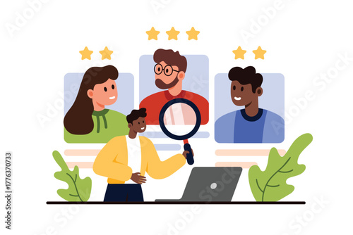 Employment problem, discrimination and prejudice against nationality or gender. Tiny recruiter with magnifying glass rating CV of diverse candidates group with stars cartoon vector illustration
