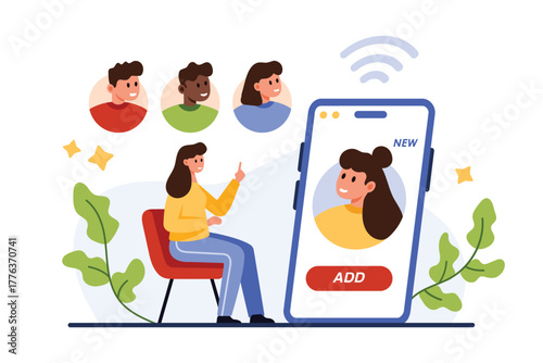 Referral program. Tiny woman sitting near big mobile phone to increase interaction, advertising influencers offer message for girl to follow and join group of customers cartoon vector illustration