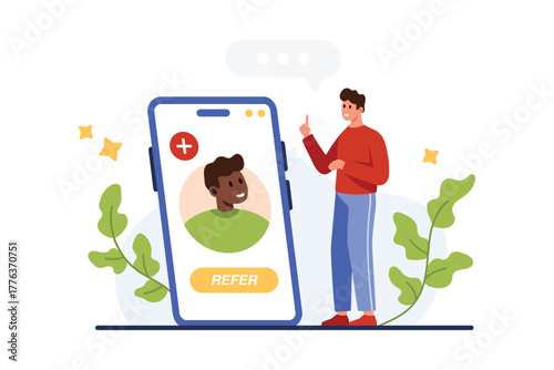 Referral loyalty program to invite friend, social media marketing. Tiny man with online mobile app in giant phone, Refer button and face portrait of user on screen cartoon vector illustration