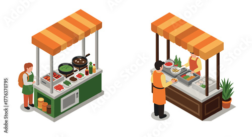 Isometric street food stalls featuring diverse cuisine and vendors in vibrant colors