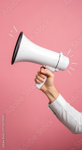 Hand Holding White Megaphone on Clean Pink Background