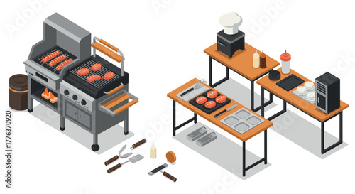 Isometric outdoor grill and kitchen setup with barbecue tools and ingredients