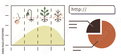 Plant growth phases paired with growth curve graph, pie chart, and web link input for research. Ideal for biology, farming, analytics, data, growth development research. Simple flat metaphor