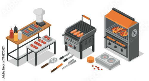 Isometric outdoor bbq setup with grills and accessories for cooking