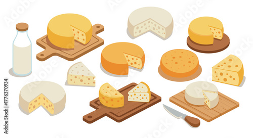 Variety of cheeses and dairy in isometric design on wooden boards