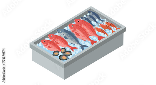 Isometric seafood display with fish, shrimp, and clams on ice