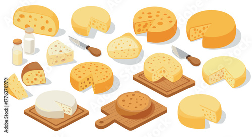 Variety of cheeses with knives and bottles on wooden boards in isometric style