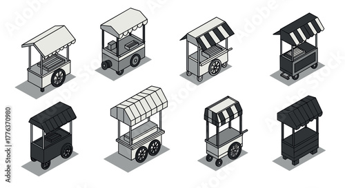 Isometric market stalls collection: monochrome outdoor vendor booth designs