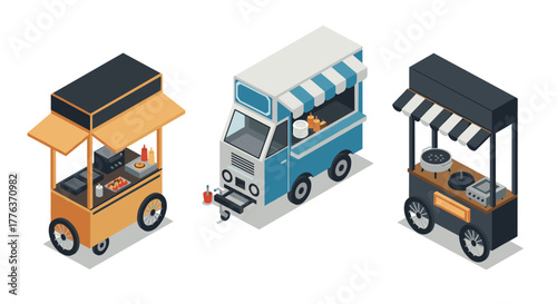 Isometric food carts and trucks with retro design and vibrant colors