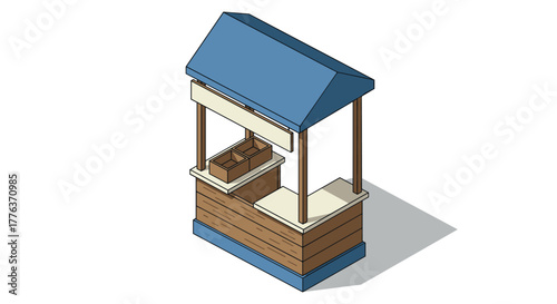 Isometric wooden market stall with blue awning and wooden crates