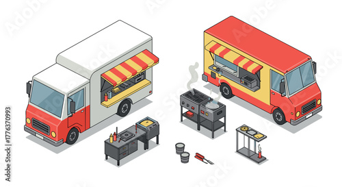 Isometric food trucks with outdoor grills and cooking equipment