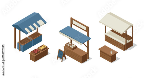 Isometric market stalls with canopies and produce display