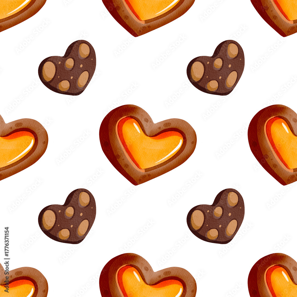 Fototapeta premium Seamless pattern Heart-shaped gingerbread. Delicious hand-drawn cookies. Watercolor illustration of the dessert. Winter holiday atmosphere.